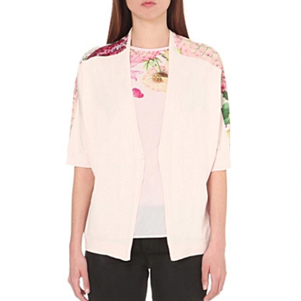 TED BAKER "Gemy" Floral-print Open Front Pink Cardigan Sz 8/ Ted Sz 3